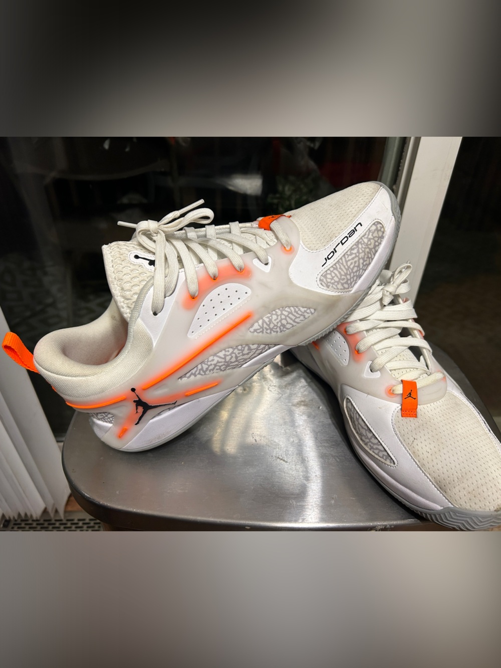 Sz 13 men Jordan Heirs White, Grey, and Laser Orange/Black accents.